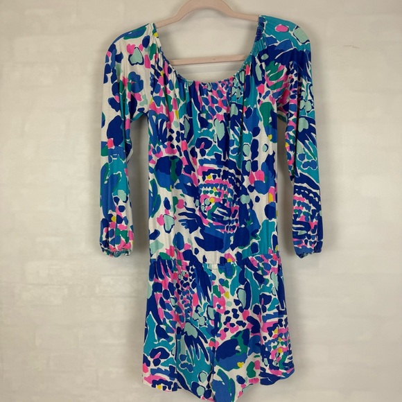 Lilly Pulitzer Romper Size XS Pink Blue Long Sleeve Vacation‎ Colorful Art - Picture 2 of 9